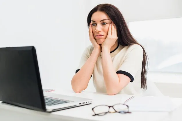 bored woman sitting table with laptop 23 2148056169