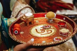authentic indian tray with traditional sacred objects wedding ceremony 8353 9781