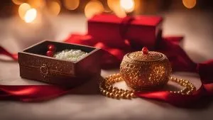 christmas still life with golden jewelry box red ribbon bokeh background 1057 36706