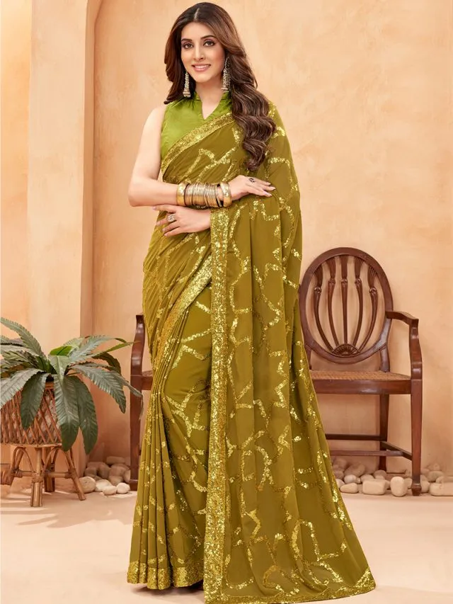 Traditional-Wear-Olive-Green-Sequins-Work-Georgette-Saree-Aaradhna7003