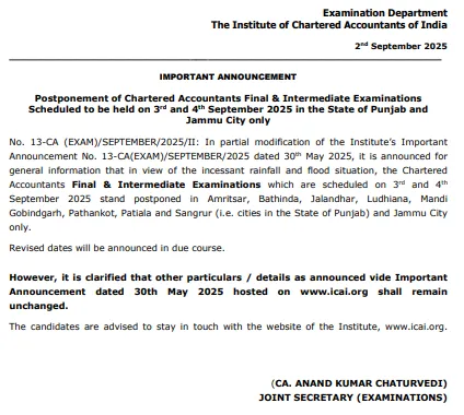 ICAI Exams 2025 Postponed