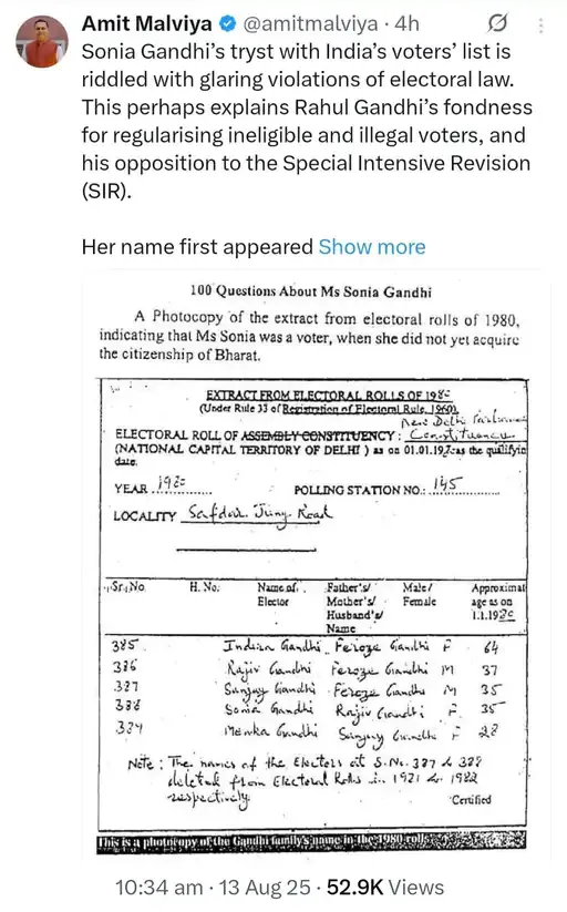Sonia Gandhi Voter Id Controversy