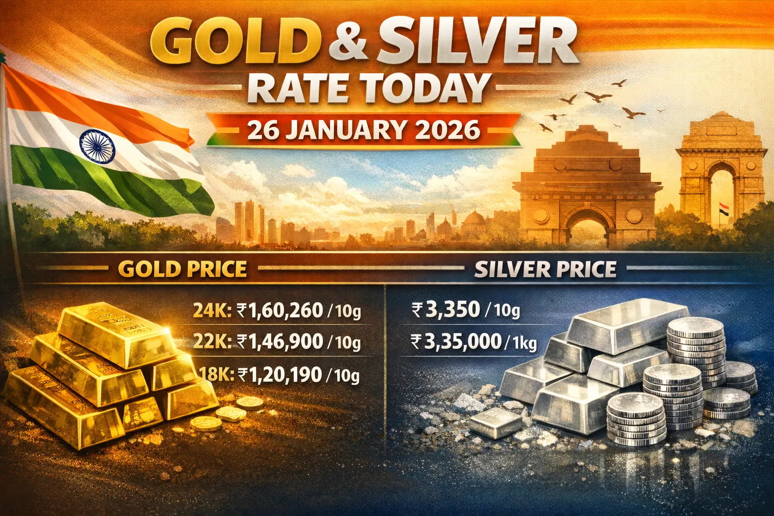 गणतंत्र दिवस पर टूटा सोने चांदी का भाव, देखें आज का ताजा रेट