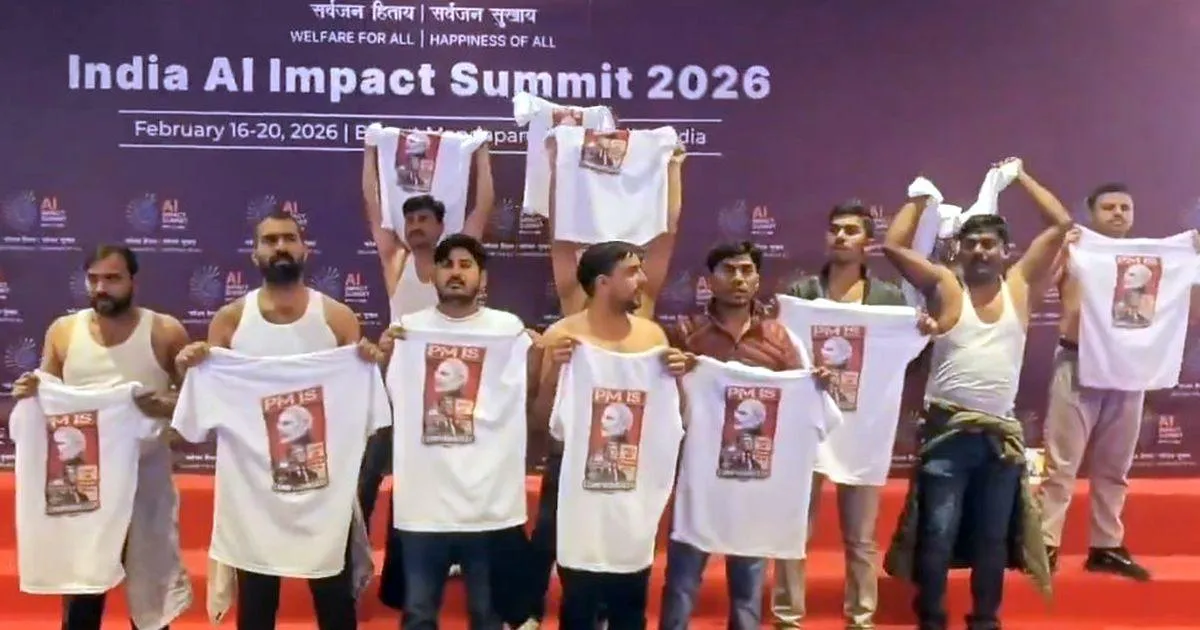 Shirtless AI Summit Protest