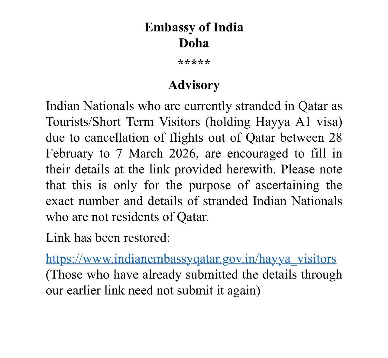 Indian Embassy in Doha Advisory