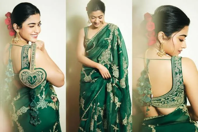 Rashmika Mandanna Green Saree Looks