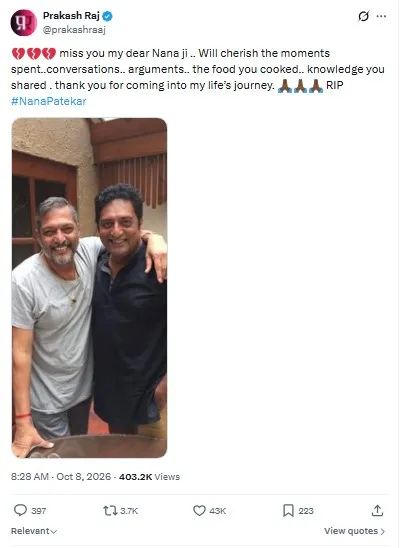 Prakash Raj On Nana Patekar's Death