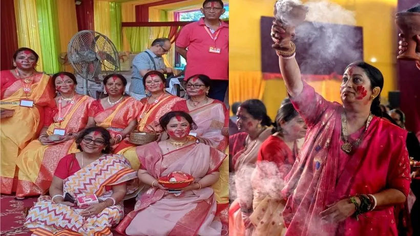 Former Union Minister and BJP National General Secretary Smriti Irani participates in Sindoor Khela and Dashami celebrations at New Delhi Sarbojanin Durga Puja Samity in Delhi on Wednesday