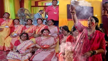 Former Union Minister and BJP National General Secretary Smriti Irani participates in Sindoor Khela and Dashami celebrations at New Delhi Sarbojanin Durga Puja Samity in Delhi on Wednesday