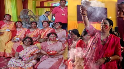 Former Union Minister and BJP National General Secretary Smriti Irani participates in Sindoor Khela and Dashami celebrations at New Delhi Sarbojanin Durga Puja Samity in Delhi on Wednesday